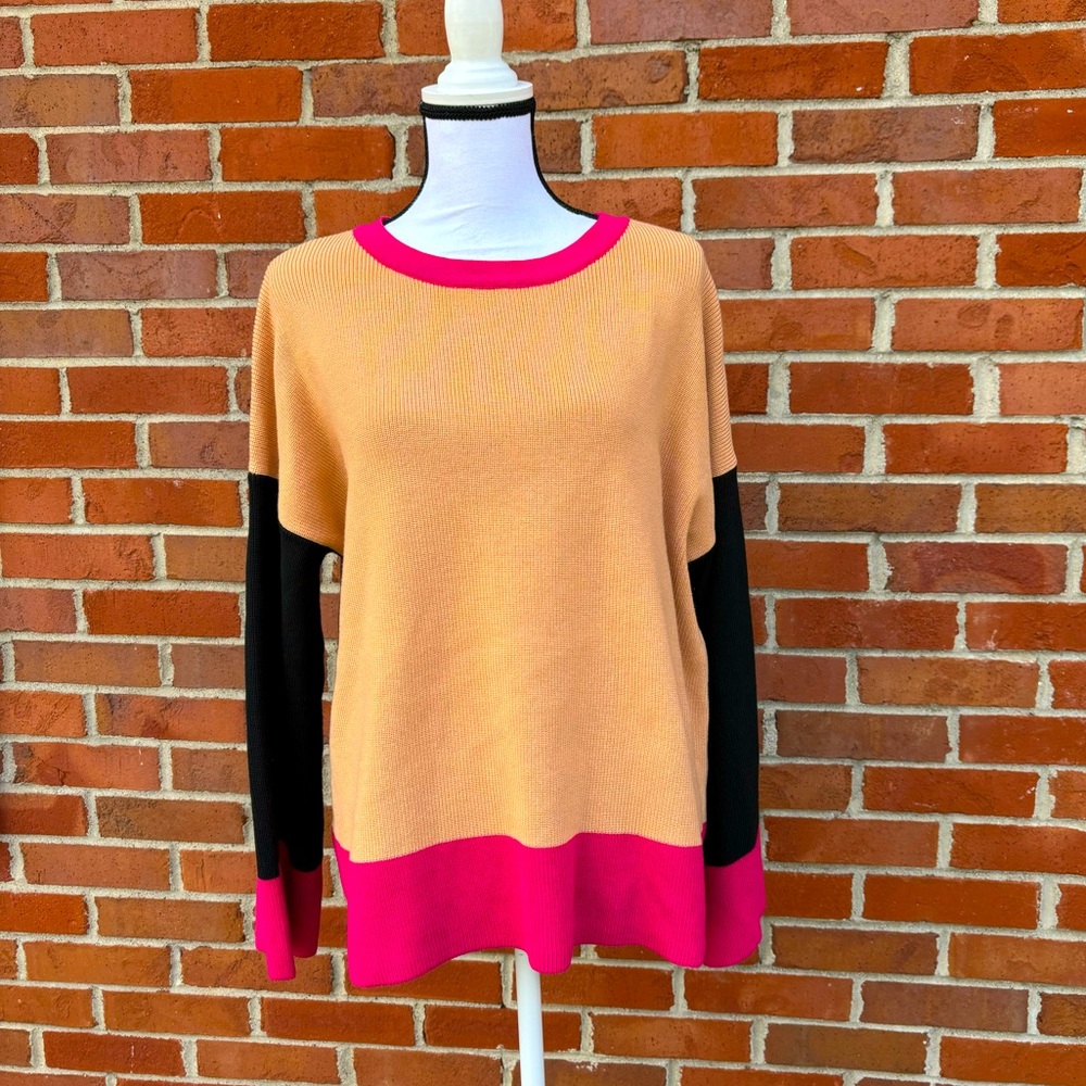 BiBi Oversized Bell Sleeve Colorblock Wool Blend Thin Knit Sweater Womens Small